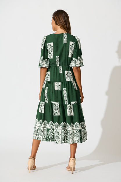 Paradise Midi Dress in Emerald Green Border Print