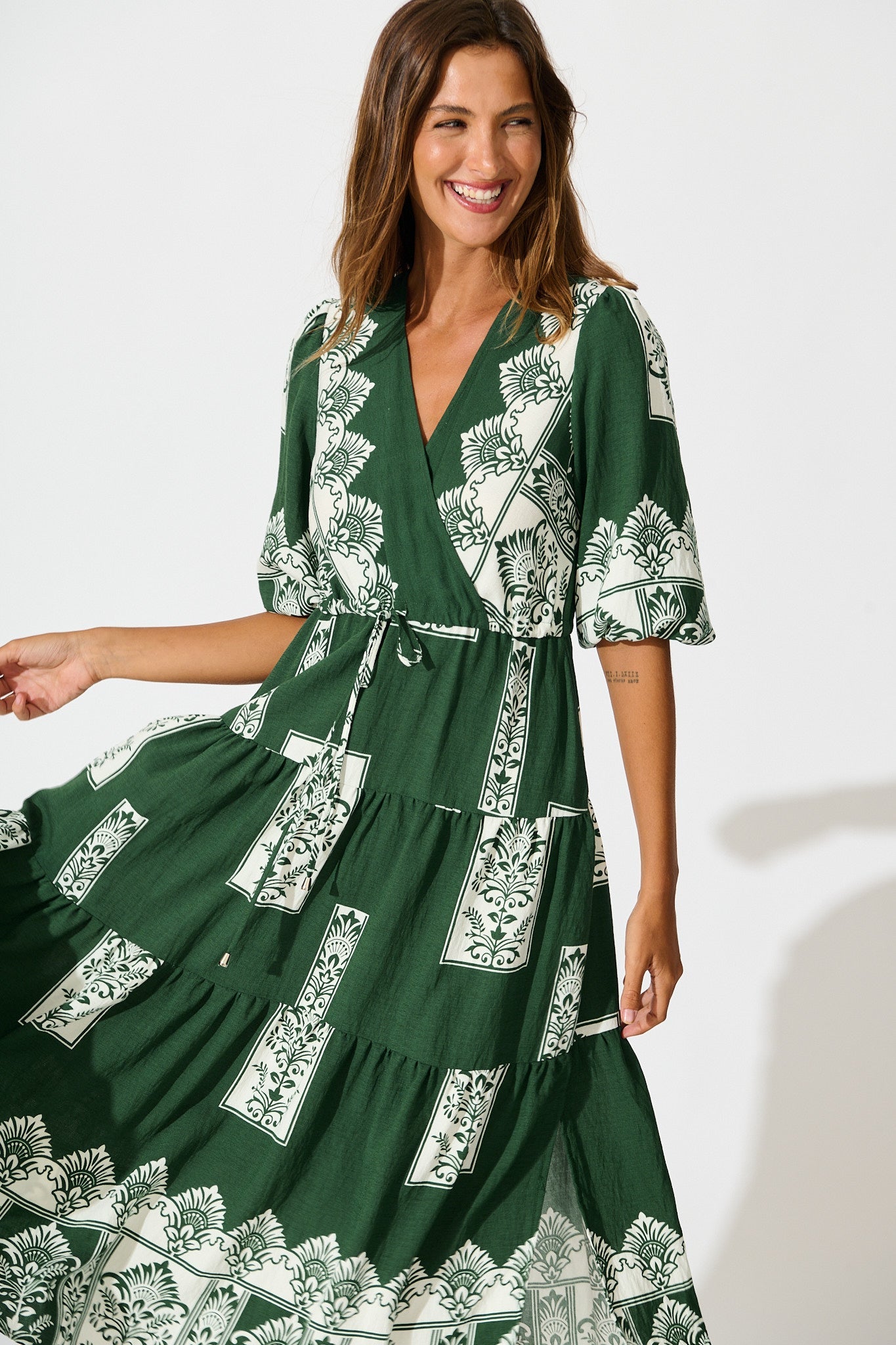 Paradise Midi Dress in Emerald Green Border Print