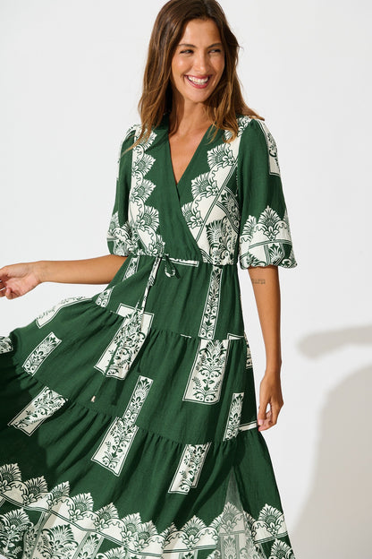 Paradise Midi Dress in Emerald Green Border Print