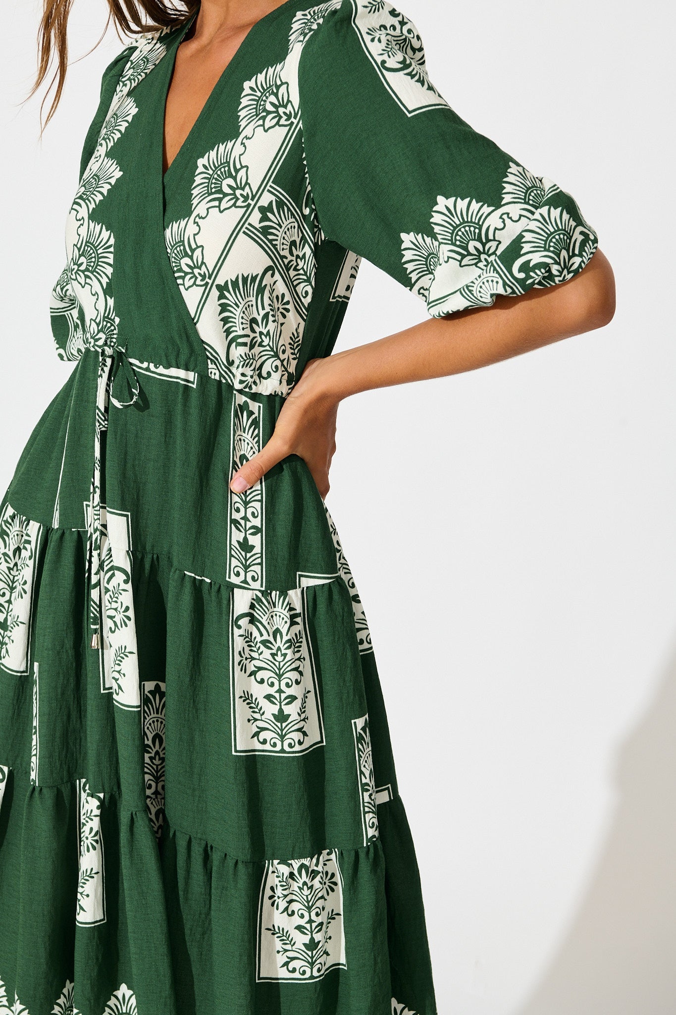 Paradise Midi Dress in Emerald Green Border Print