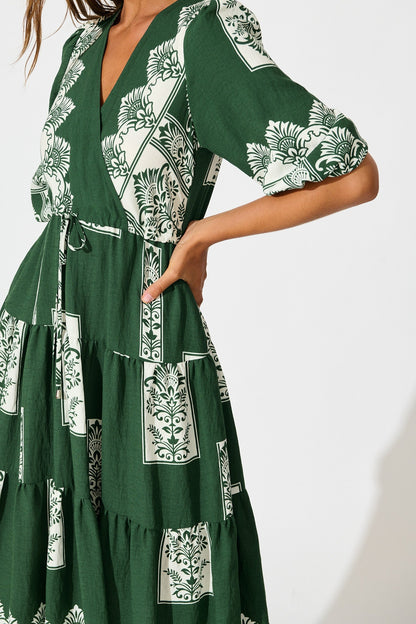 Paradise Midi Dress in Emerald Green Border Print
