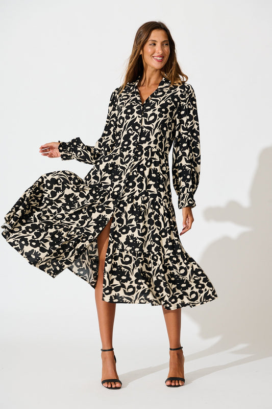 Rumours Midi Shirt Dress in Black with Cream Floral