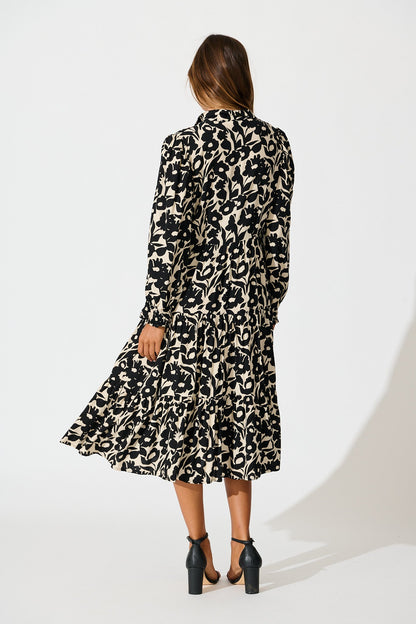 Rumours Midi Shirt Dress in Black with Cream Floral