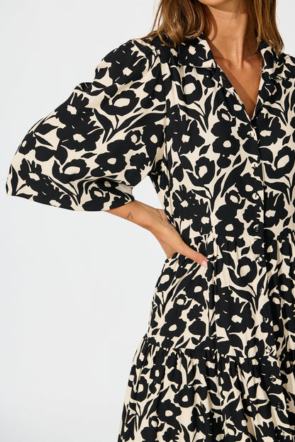 Rumours Midi Shirt Dress in Black with Cream Floral