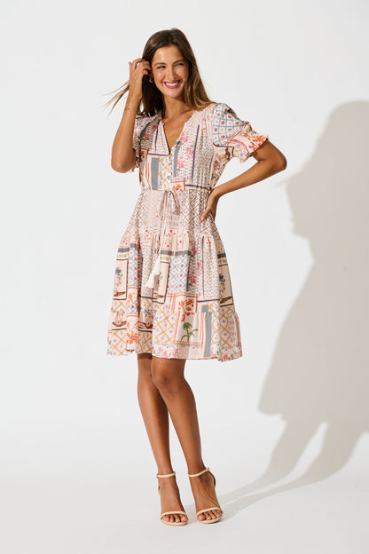 Aura Dress in Beige Multi Patchwork Print