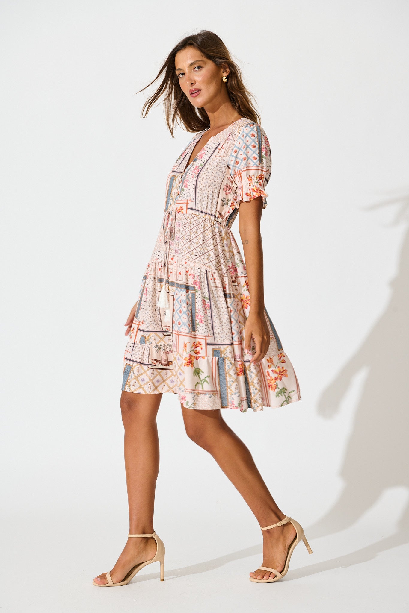 Aura Dress in Beige Multi Patchwork Print