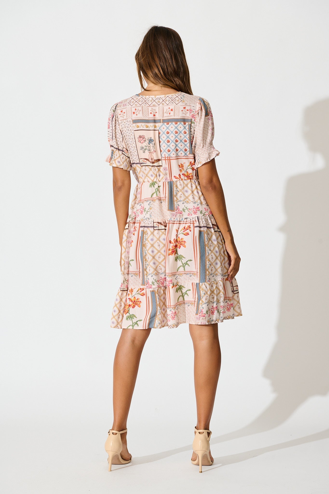 Aura Dress in Beige Multi Patchwork Print