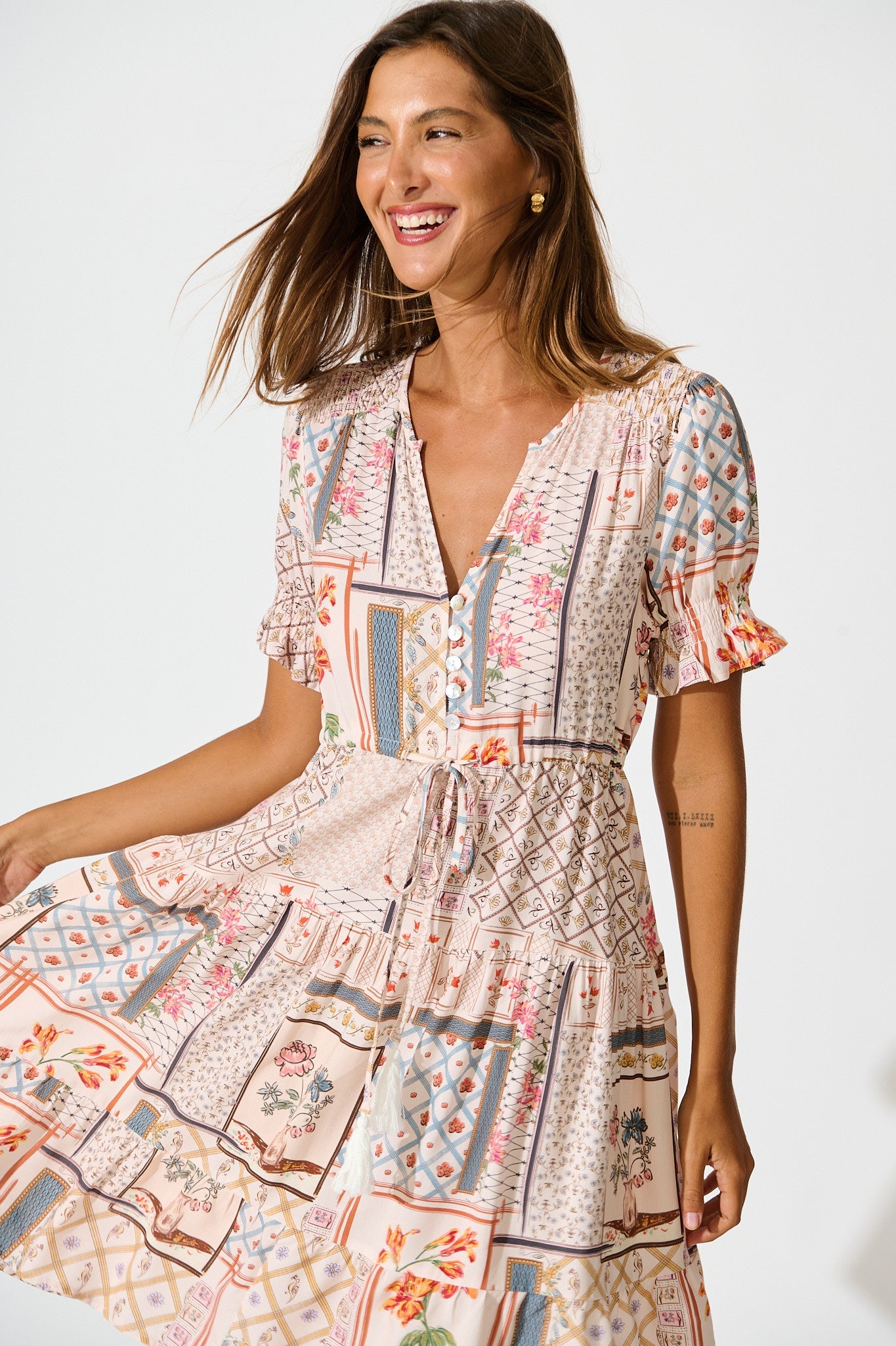 Aura Dress in Beige Multi Patchwork Print