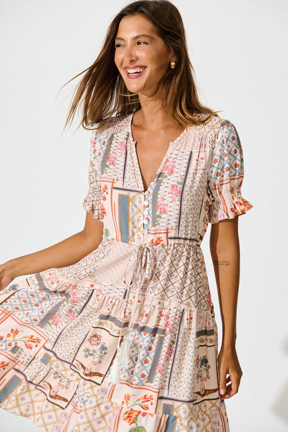 Aura Dress in Beige Multi Patchwork Print