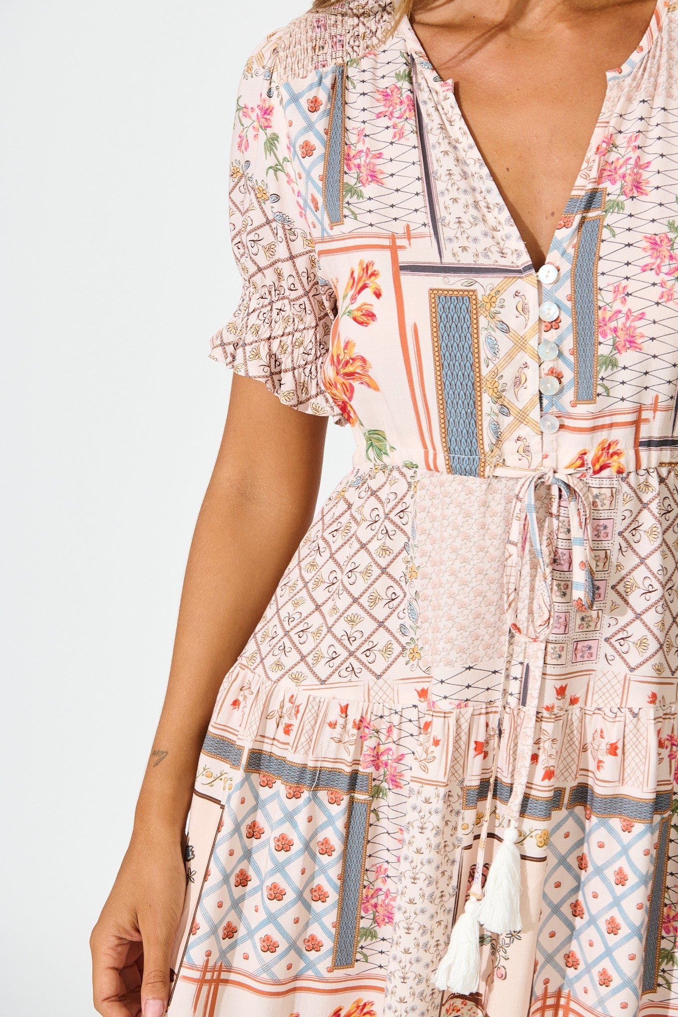 Aura Dress in Beige Multi Patchwork Print