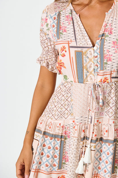 Aura Dress in Beige Multi Patchwork Print