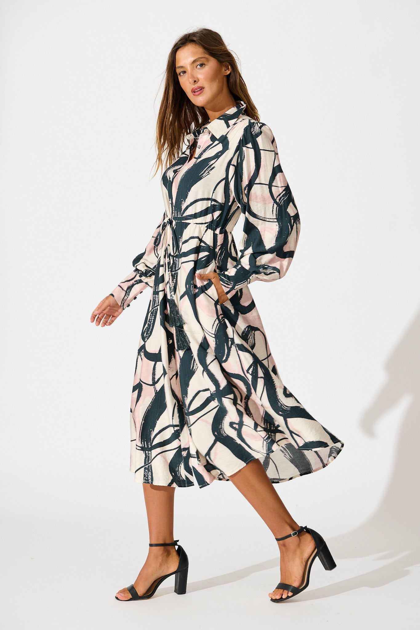 Impulse Midi Shirt Dress in Cream Multi Print