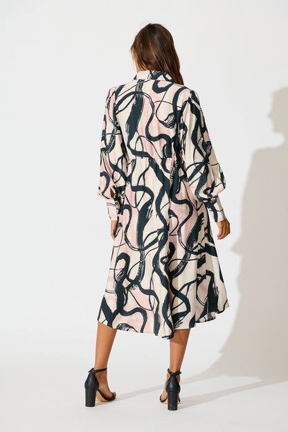 Impulse Midi Shirt Dress in Cream Multi Print