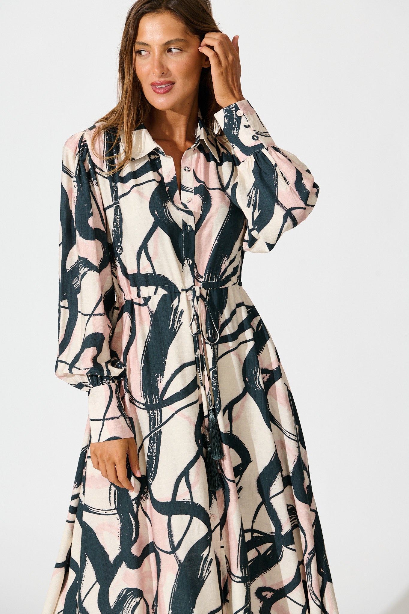 Impulse Midi Shirt Dress in Cream Multi Print