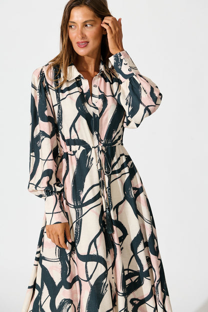 Impulse Midi Shirt Dress in Cream Multi Print