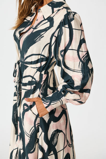 Impulse Midi Shirt Dress in Cream Multi Print