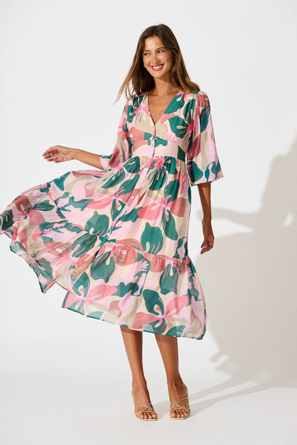 Misty Midi Dress in Multi Pink and Emerald Print