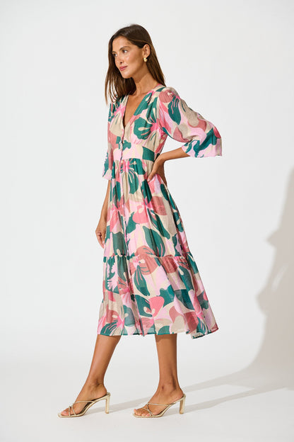 Misty Midi Dress in Multi Pink and Emerald Print