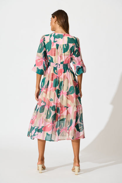 Misty Midi Dress in Multi Pink and Emerald Print
