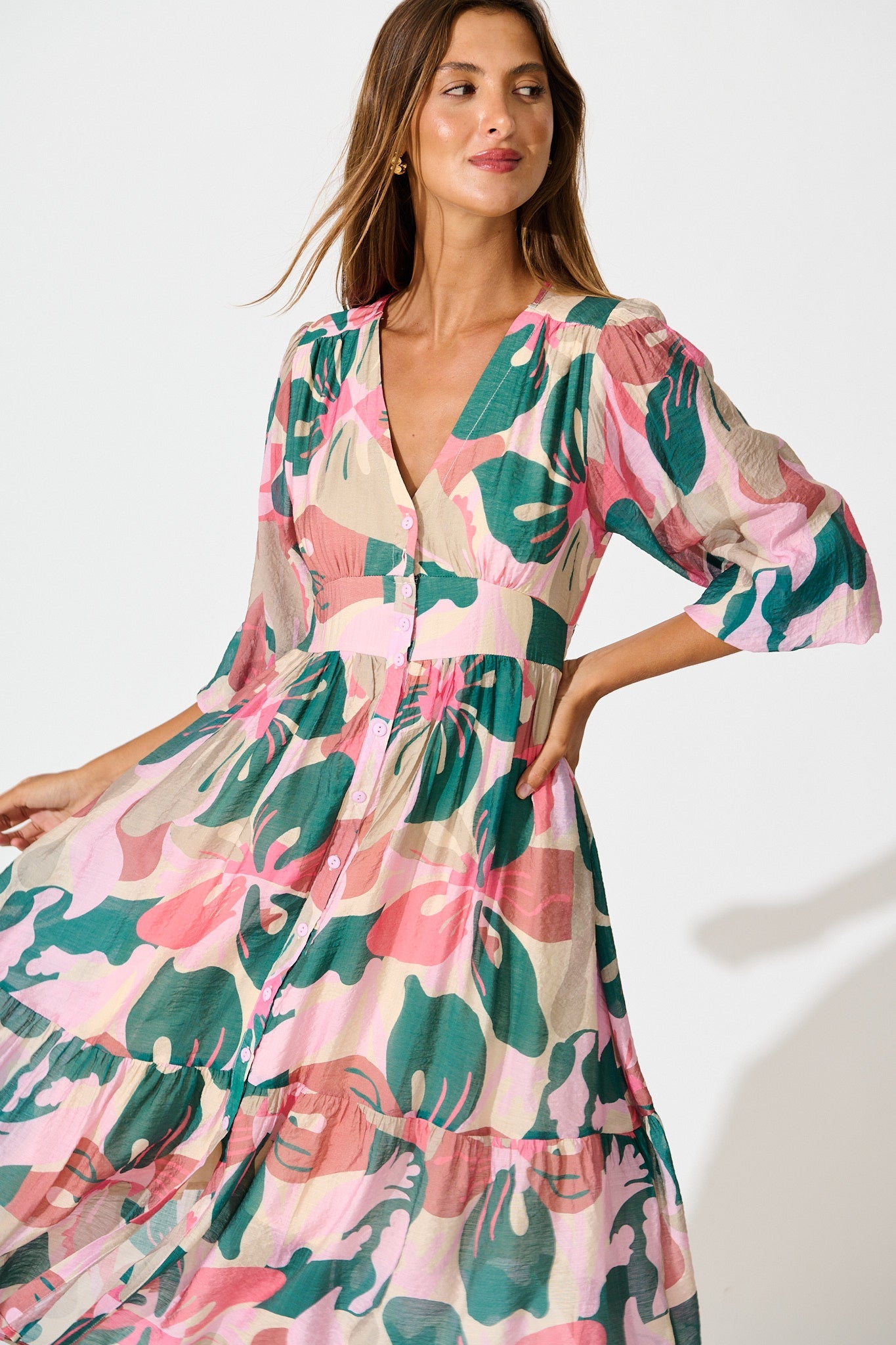Misty Midi Dress in Multi Pink and Emerald Print