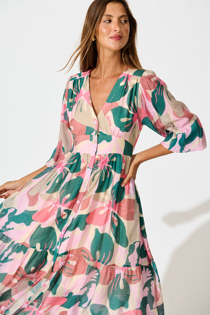 Misty Midi Dress in Multi Pink and Emerald Print