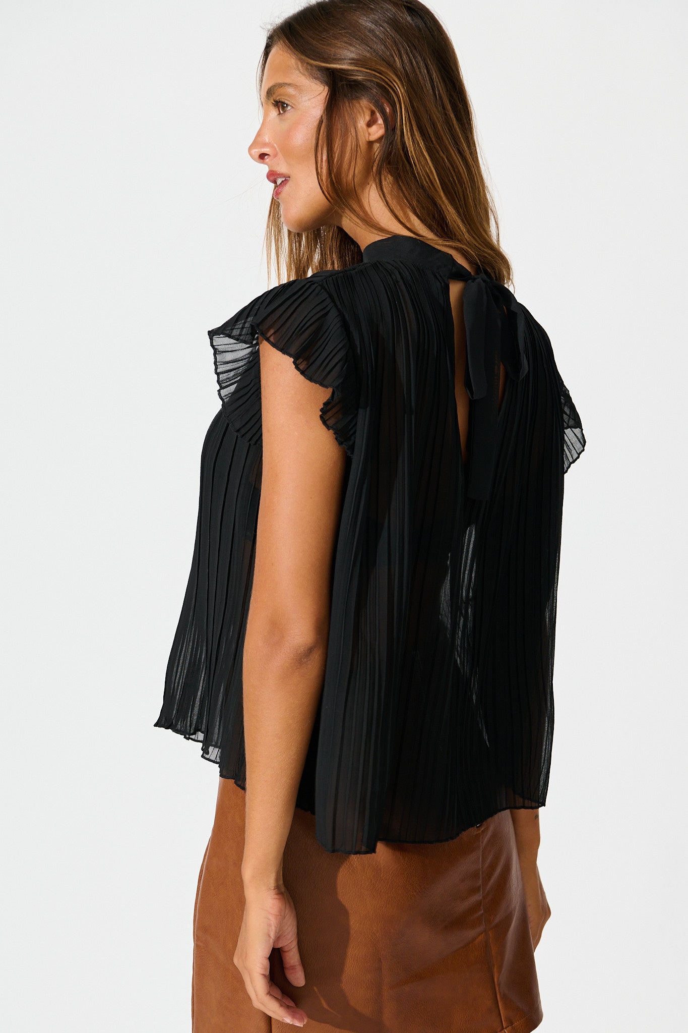 Vada Top in Black Pleated Chiffon