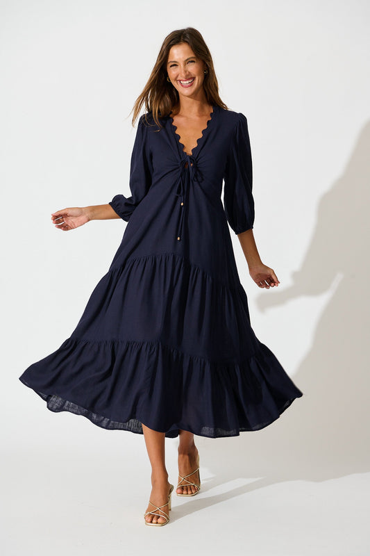 Zena Midi Dress in Navy Linen Blend