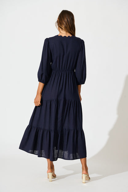 Zena Midi Dress in Navy Linen Blend