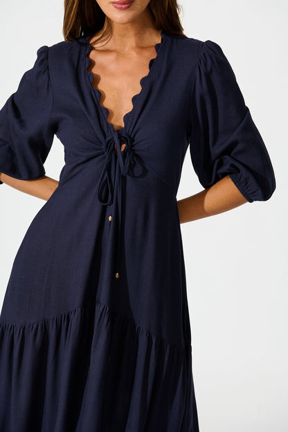 Zena Midi Dress in Navy Linen Blend