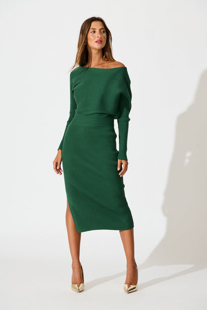 Kassia Off Shoulder Midi Knit Dress in Green