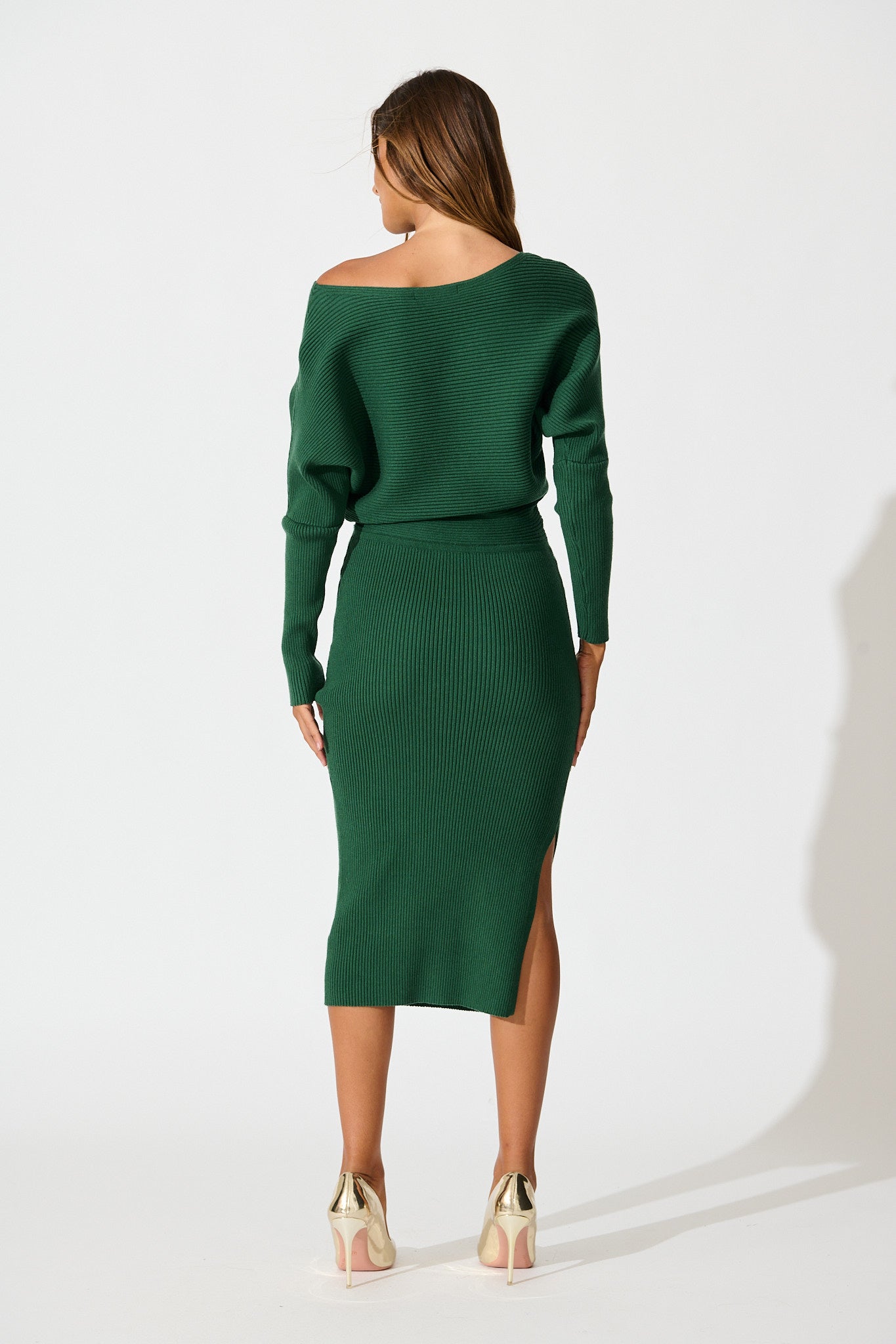 Kassia Off Shoulder Midi Knit Dress in Green