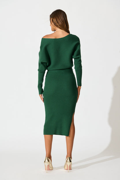 Kassia Off Shoulder Midi Knit Dress in Green