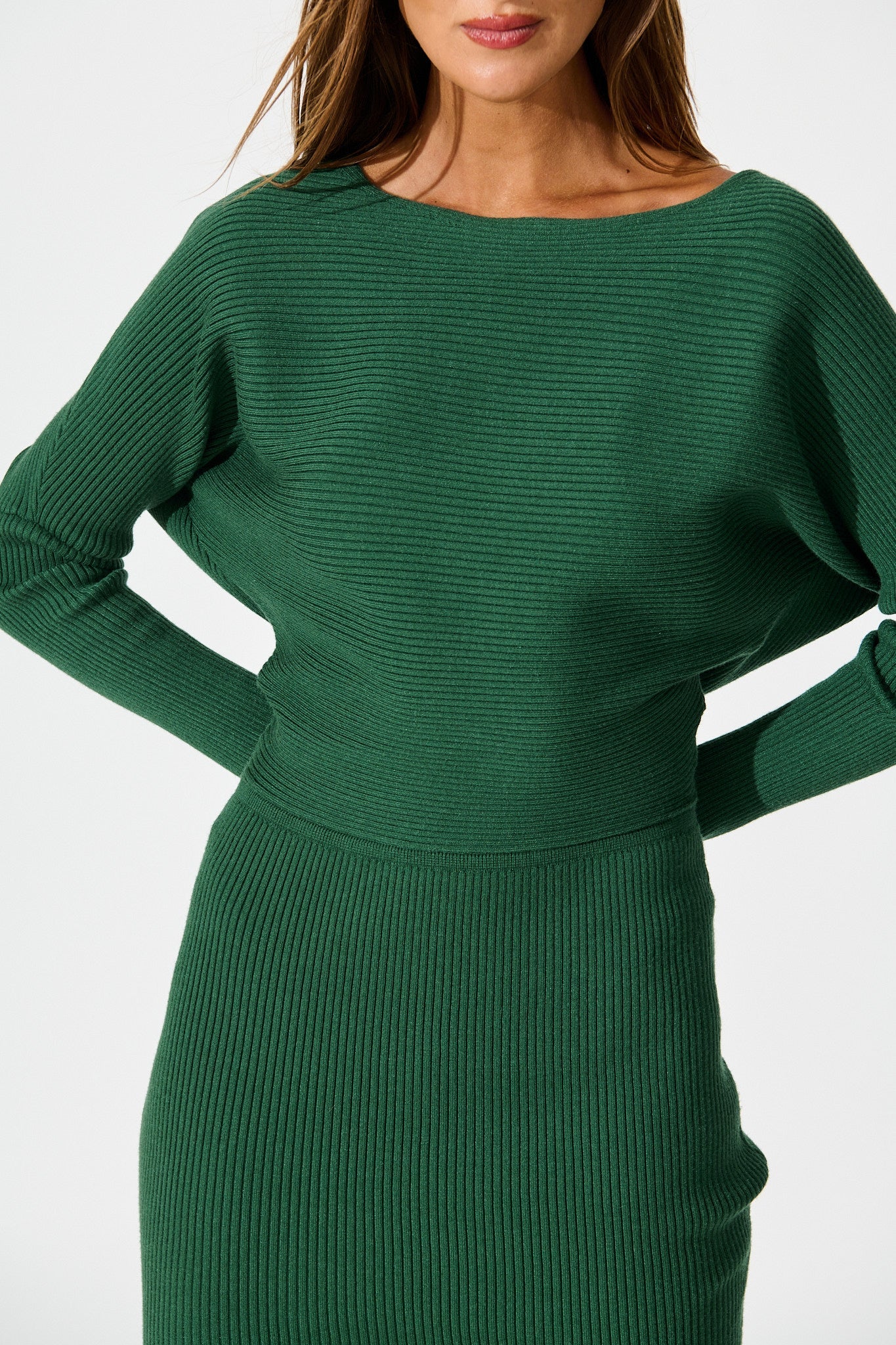 Kassia Off Shoulder Midi Knit Dress in Green