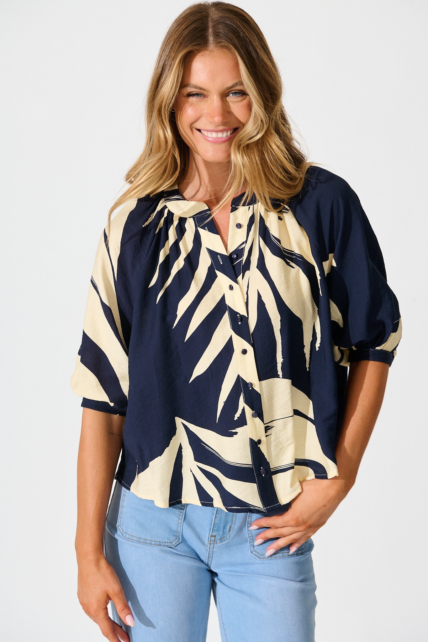 Lost Promises Top in Navy Leaf Print