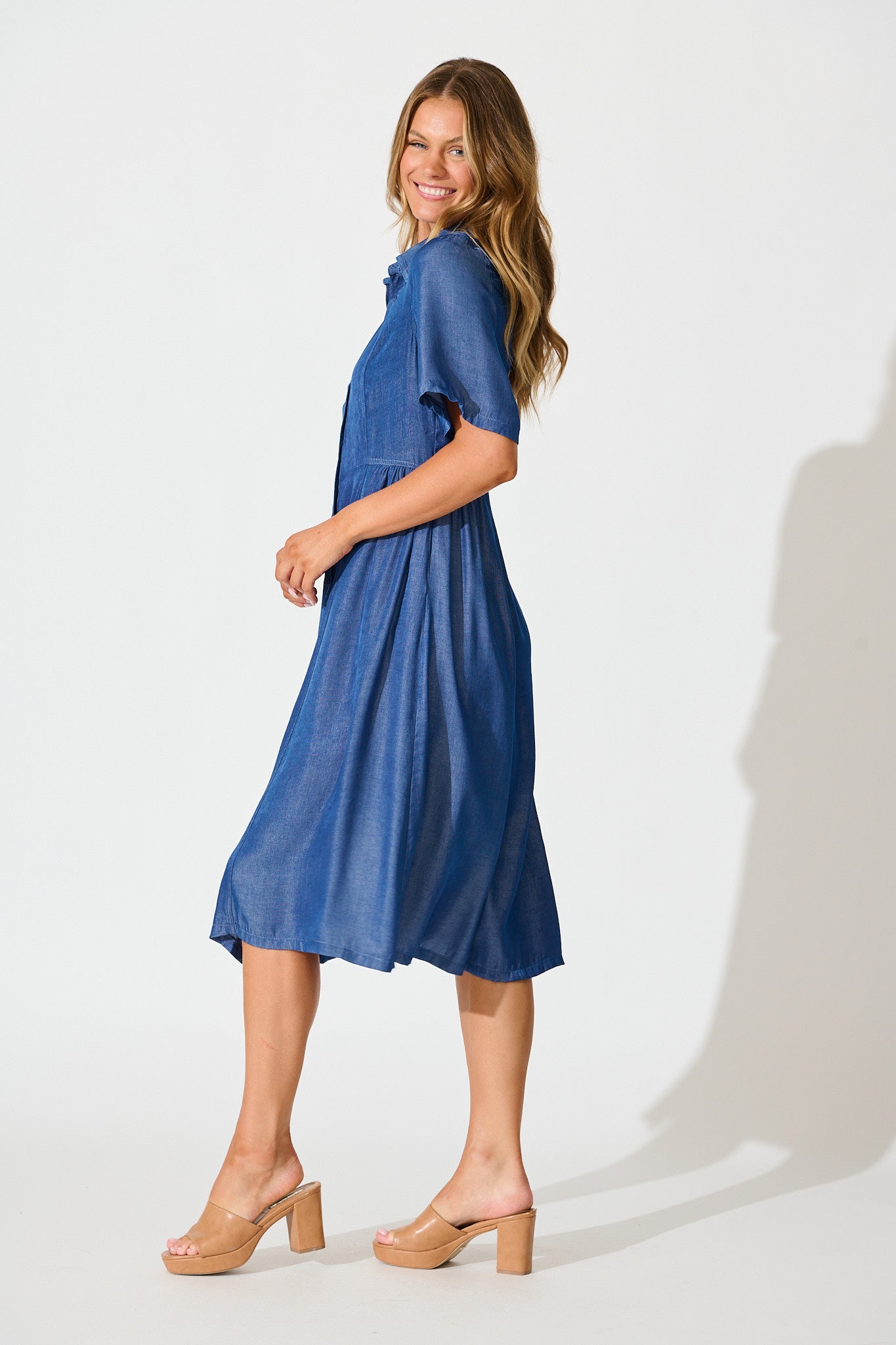 Aria Midi Shirt Dress in Blue Chambray