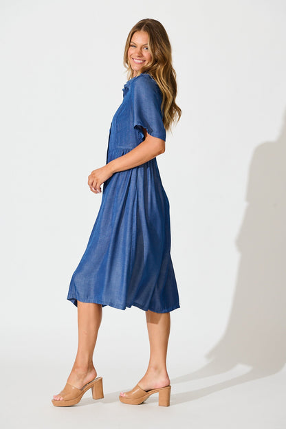 Aria Midi Shirt Dress in Blue Chambray