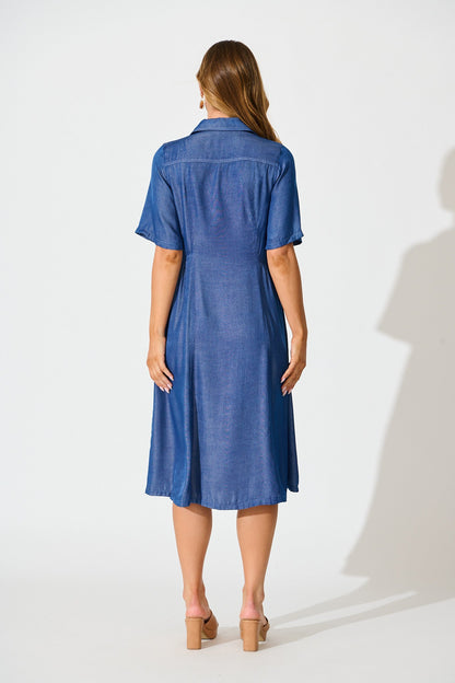 Aria Midi Shirt Dress in Blue Chambray