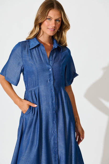Aria Midi Shirt Dress in Blue Chambray