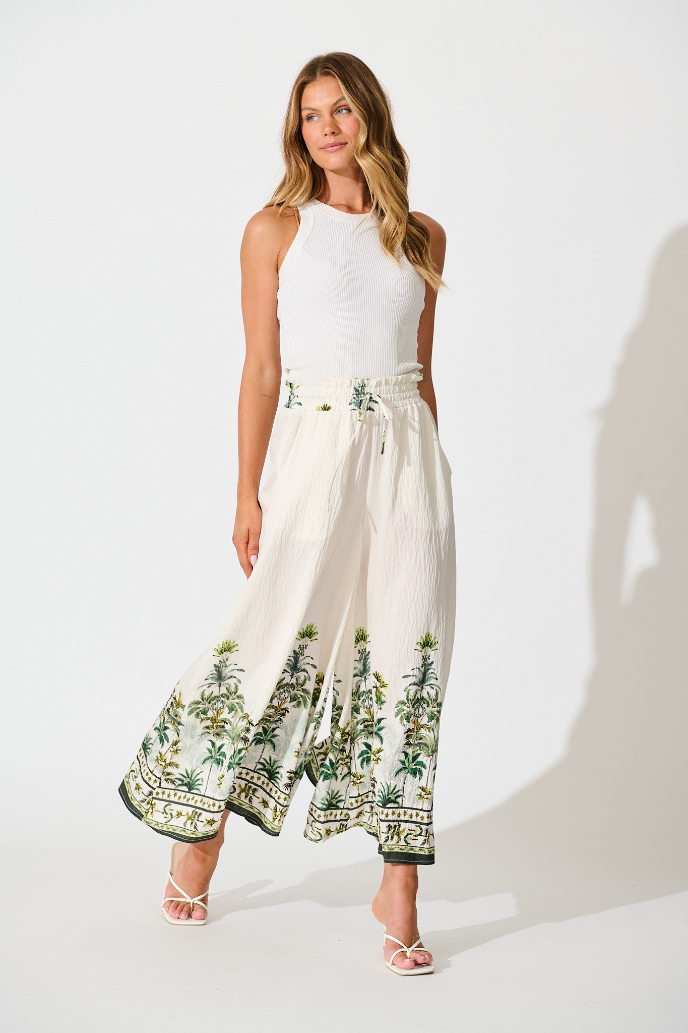 Mariah Pant in Cream with Green Palm Tree Border Print