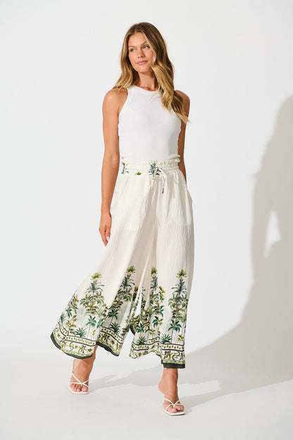 Mariah Pant in Cream with Green Palm Tree Border Print