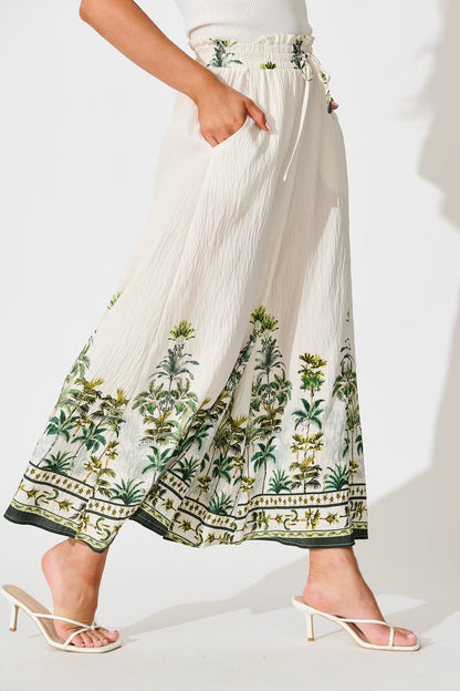 Mariah Pant in Cream with Green Palm Tree Border Print