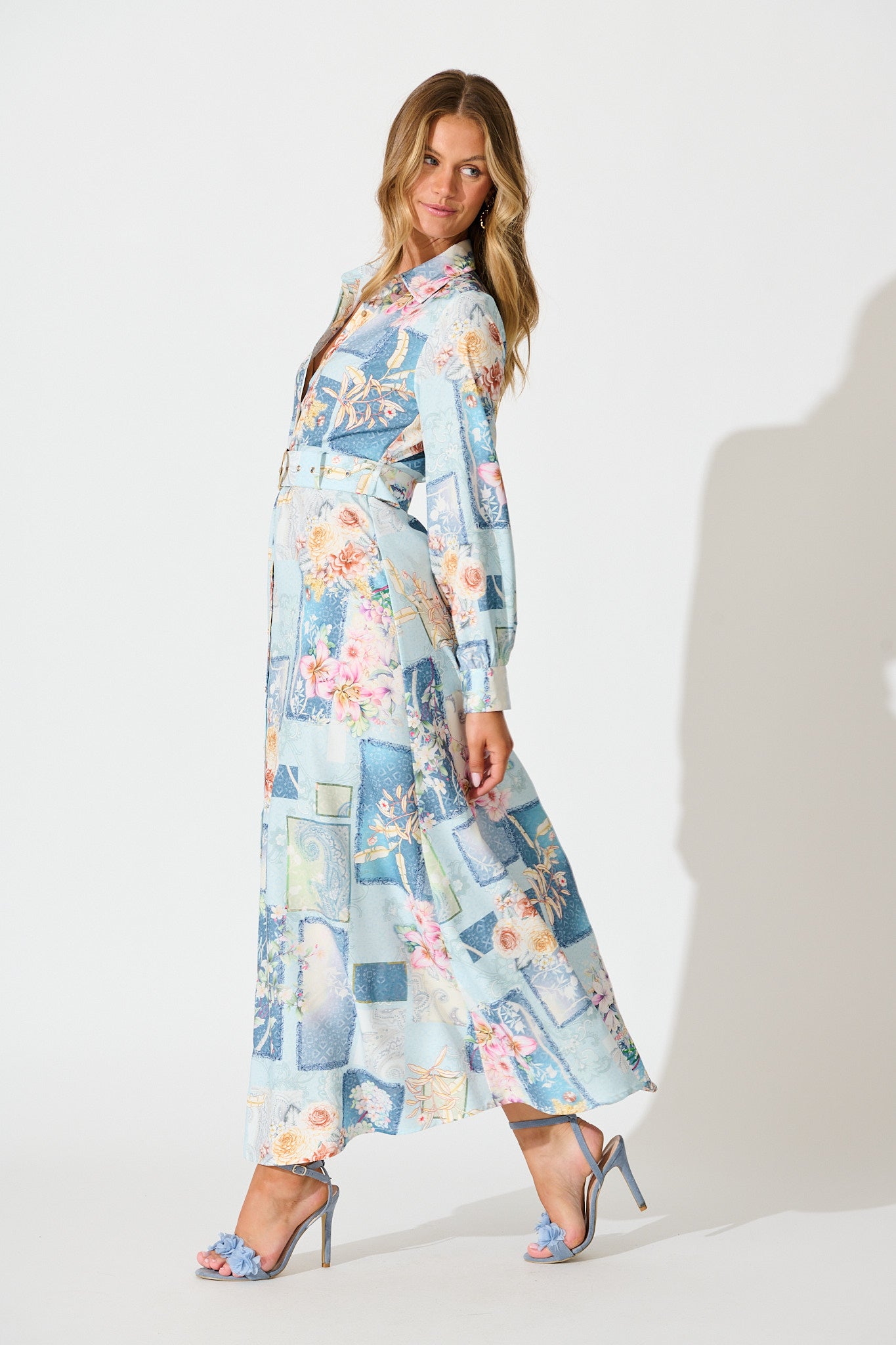 Moonlight Maxi Shirt Dress in Blue Patchwork Floral
