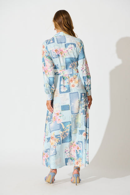 Moonlight Maxi Shirt Dress in Blue Patchwork Floral