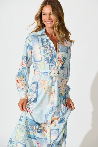 Moonlight Maxi Shirt Dress in Blue Patchwork Floral