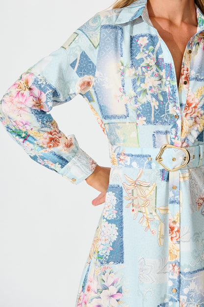 Moonlight Maxi Shirt Dress in Blue Patchwork Floral