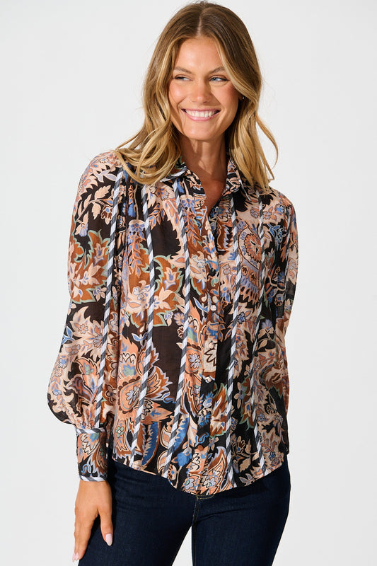 Caprice Shirt in Black Multi with Stripe Trim