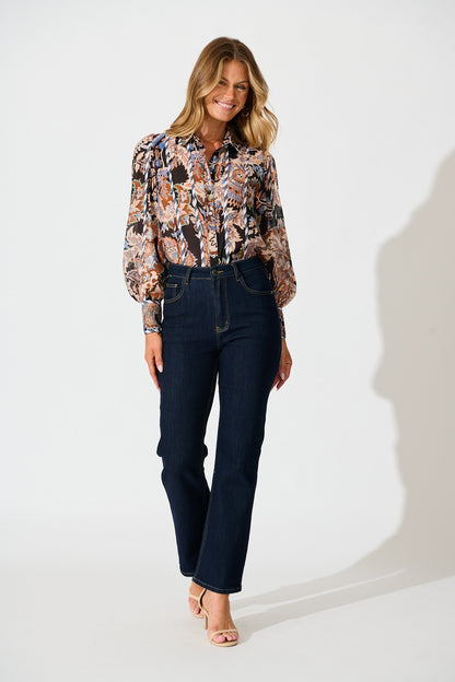 Caprice Shirt in Black Multi with Stripe Trim