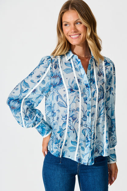 Caprice Shirt in Blue Floral With Stripe Trim