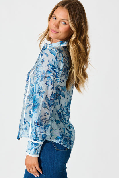 Caprice Shirt in Blue Floral With Stripe Trim