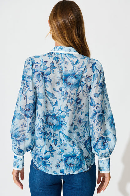 Caprice Shirt in Blue Floral With Stripe Trim